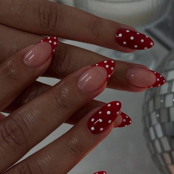 Rebellious Rose Other - 24pcs/Set Red French Tip White Polka Dot Almond Shaped Press-On Nails, Y2K Wear